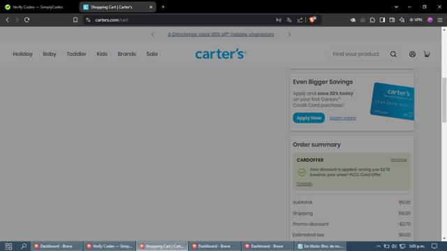 Carter's checkout page showing Carter's promo code box | Screenshot taken by SimplyCodes community member on Nov 16, 2024