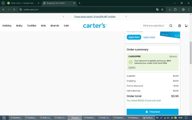 Carter's checkout page showing Carter's promo code box | Screenshot taken by SimplyCodes community member on Nov 20, 2024