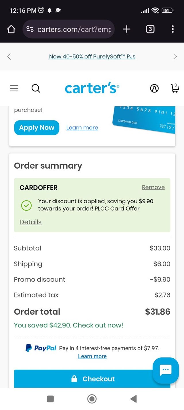 Carter's checkout page showing Carter's promo code box | Screenshot taken by SimplyCodes community member on Nov 5, 2024