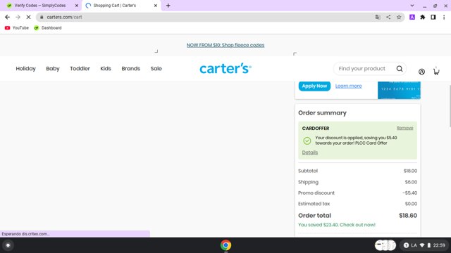 Carter's checkout page showing Carter's promo code box | Screenshot taken by SimplyCodes community member on Oct 31, 2024