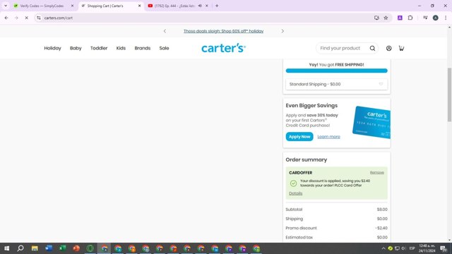 Carter's checkout page showing Carter's promo code box | Screenshot taken by SimplyCodes community member on Nov 24, 2024