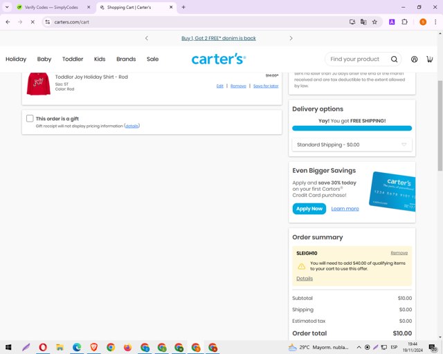 Carter's checkout page showing Carter's promo code box | Screenshot taken by SimplyCodes community member on Nov 19, 2024