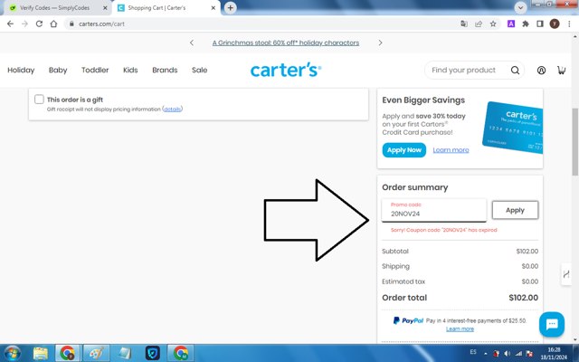 Carter's checkout page showing Carter's promo code box | Screenshot taken by SimplyCodes community member on Nov 18, 2024