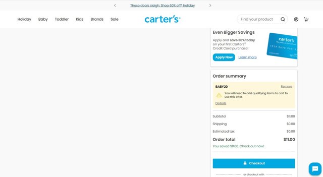 Carter's checkout page showing Carter's promo code box | Screenshot taken by SimplyCodes community member on Nov 21, 2024