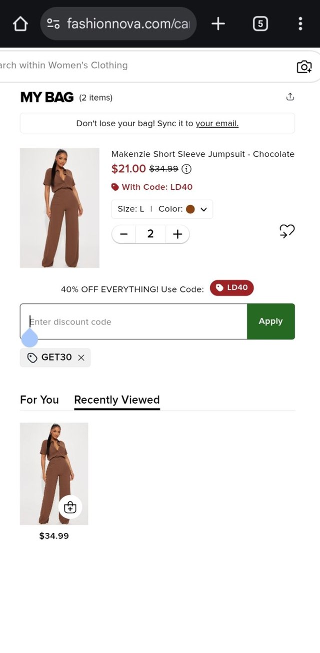 Fashion Nova checkout page showing Fashion Nova discount code box | Screenshot taken by SimplyCodes community member on Aug 27, 2025