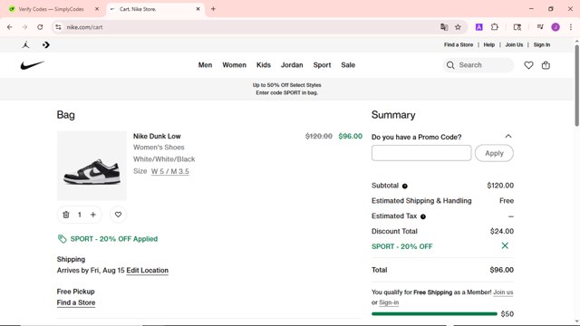 Nike checkout page showing Nike promo code box | Screenshot taken by SimplyCodes community member on Aug 7, 2025