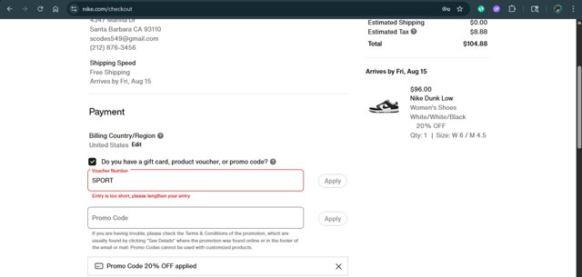 Nike checkout page showing Nike promo code box | Screenshot taken by SimplyCodes community member on Aug 13, 2025